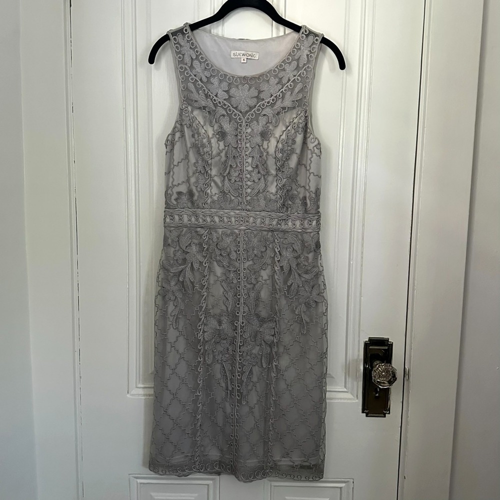 Sue‎ Wong Platinum Embroidered Mesh Overlay Cocktail Dress Women's Size 6